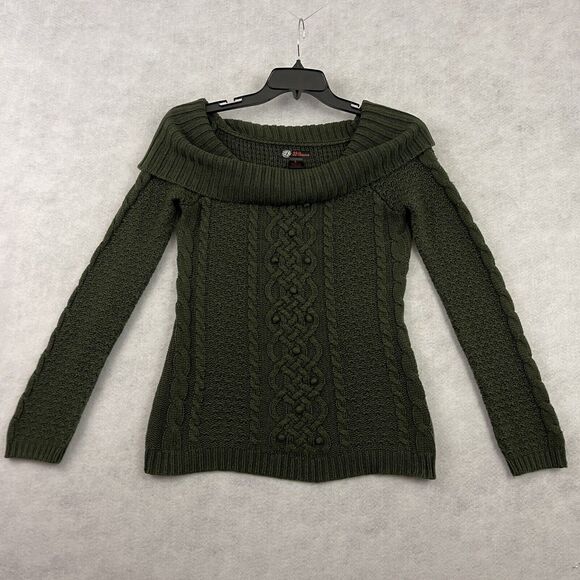 JJ Basics Chunky Cable Knit Sweater Womens Size Large Green Cowl Neck - Picture 3 of 8